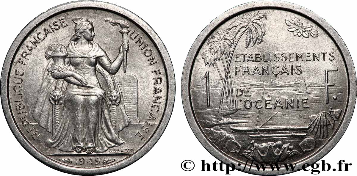 FRENCH POLYNESIA - French Oceania 1 Franc Union Française 1949 Paris XF