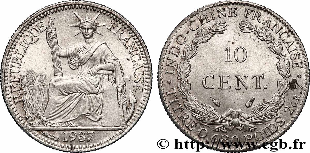 INDOCHINE FRANÇAISE 10 Centièmes 1937 Paris SUP