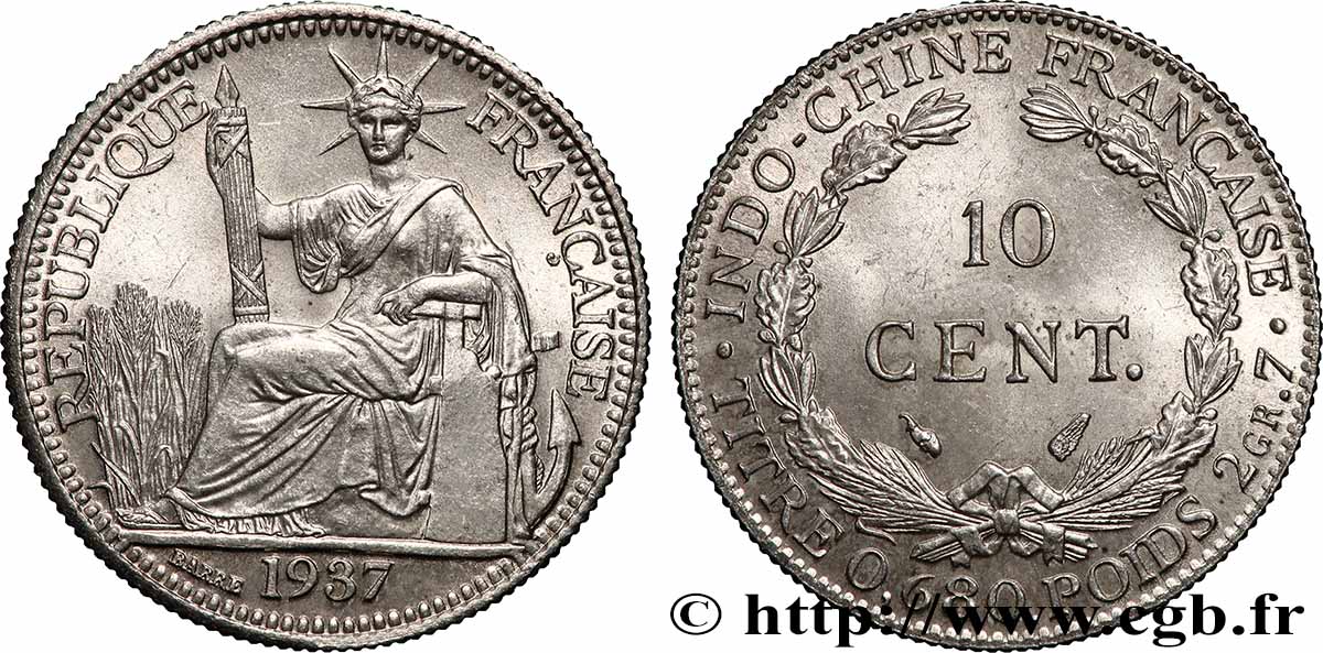 INDOCHINA 10 Centièmes 1937 Paris EBC