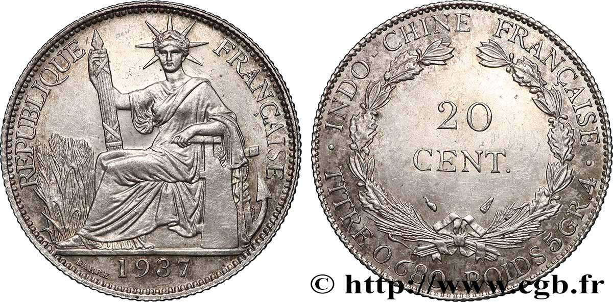 FRENCH INDOCHINA 20 Centièmes 1937 Paris AU