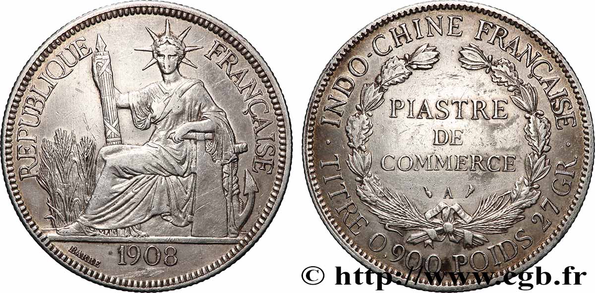 INDOCHINE FRANÇAISE 1 Piastre de Commerce 1908 Paris TTB