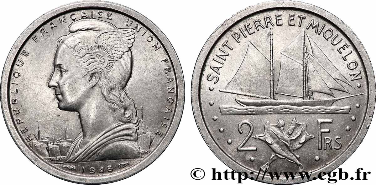 SAINT PIERRE ET MIQUELON 2 Francs Union Française 1948 Paris TTB+