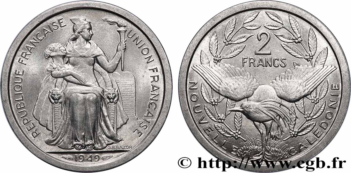 NOUVELLE CALÉDONIE 2 Francs Union Française 1949 Paris SUP