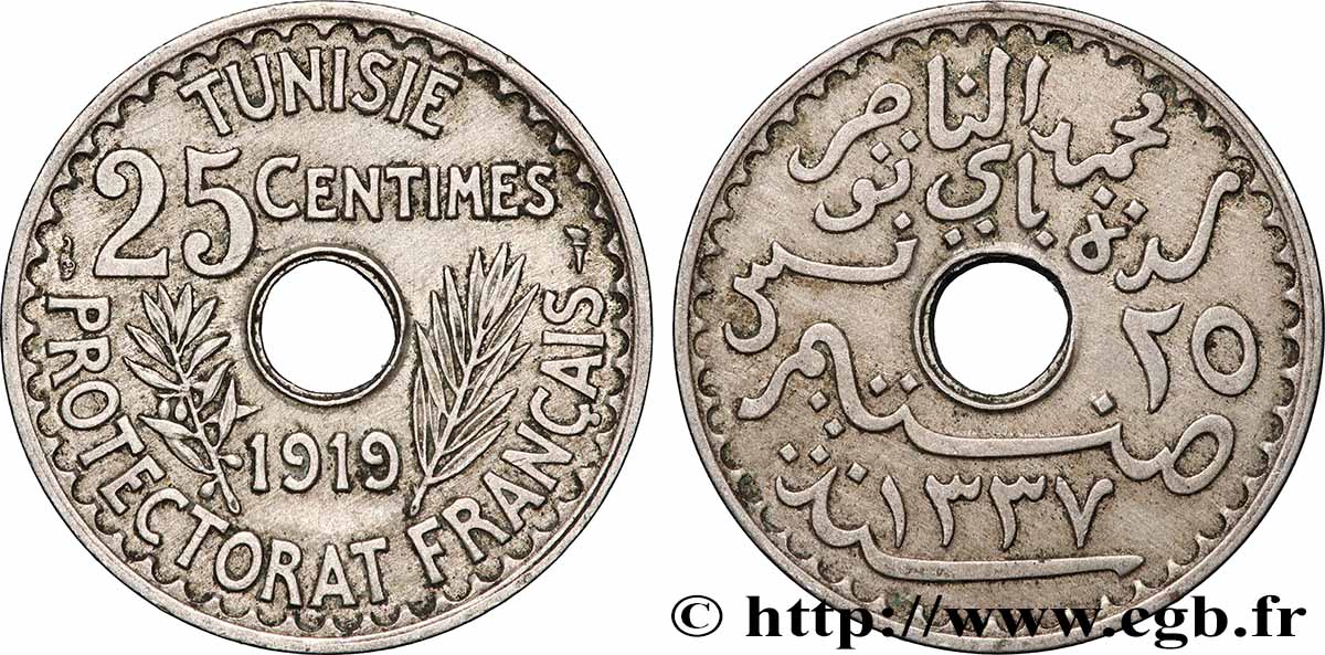TUNISIA - French protectorate 25 Centimes AH 1337 1919 Paris XF