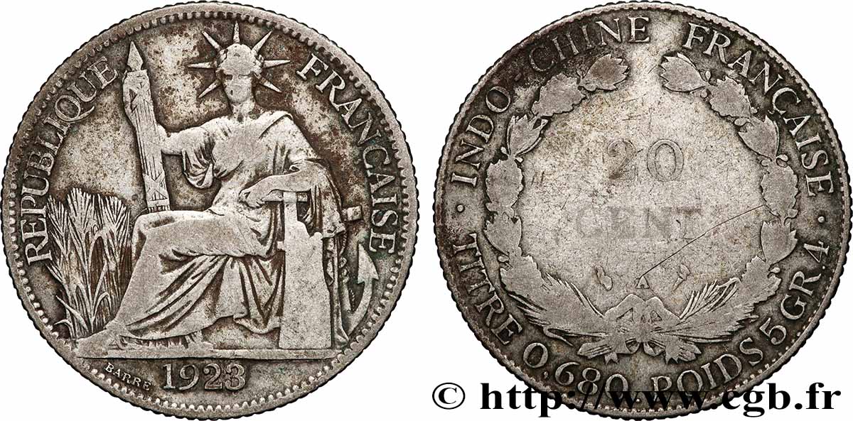 INDOCHINA 20 Centièmes 1923 Paris BC