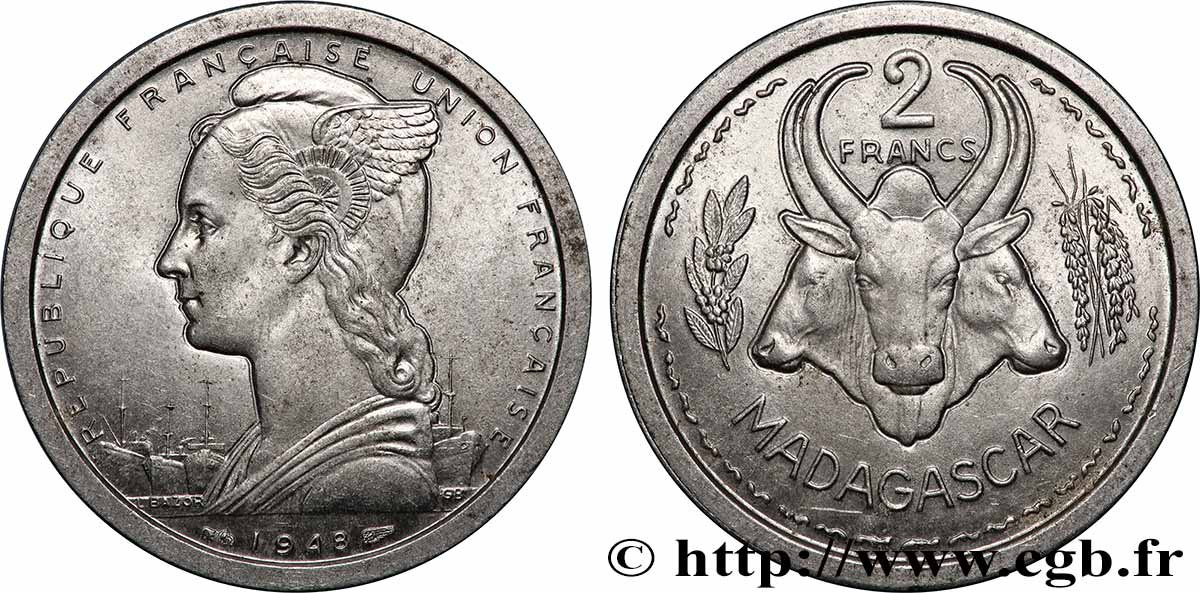 MADAGASCAR - UNIóN FRANCESA 2 Francs 1948 Paris MBC+