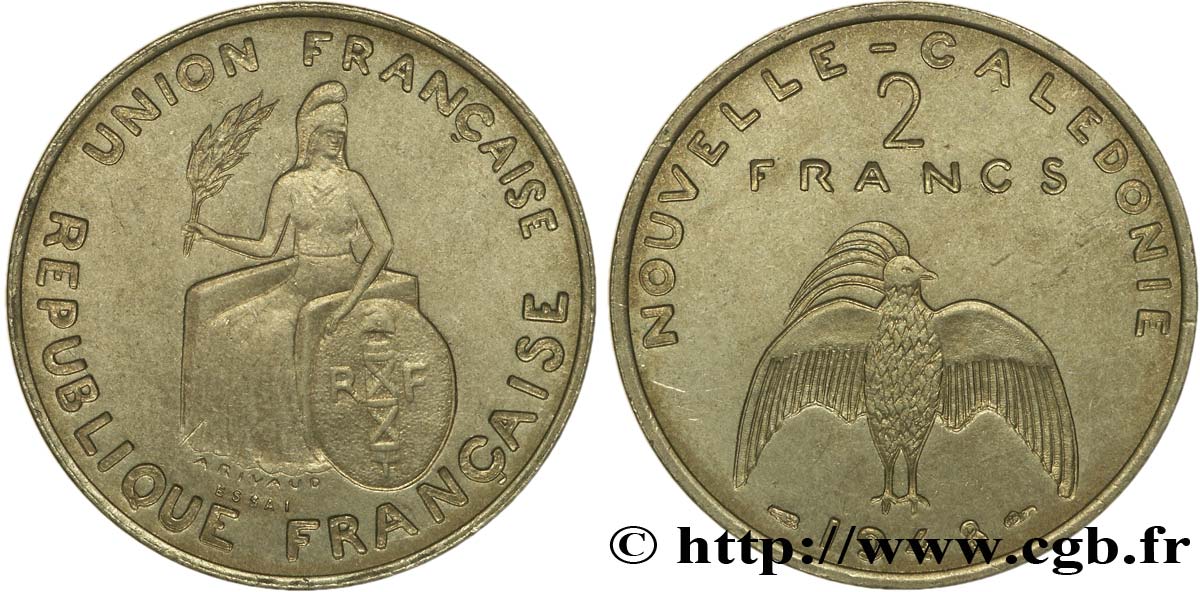 NOUVELLE CALÉDONIE Essai de 2 Francs avec listel en relief 1948 Paris SPL 
