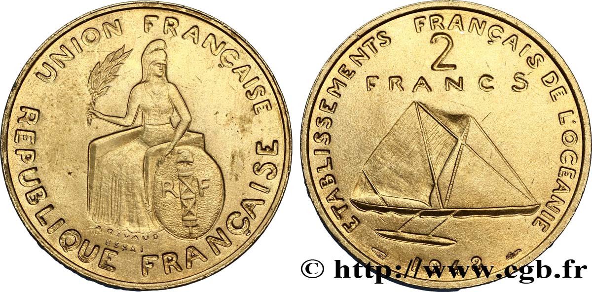 POLYNÉSIE FRANÇAISE - Océanie française Essai de 2 Francs avec listel en relief 1948 Paris SUP 