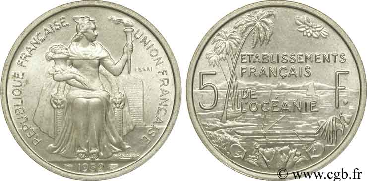 POLYNÉSIE FRANÇAISE - Océanie française 5 francs ESSAI 1952 Paris SPL 
