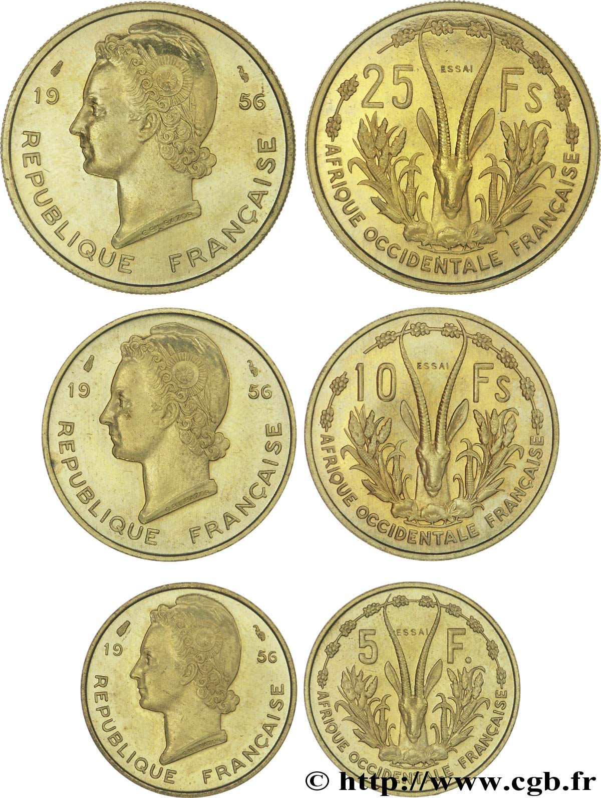 AFRIQUE OCCIDENTALE FRANÇAISE Boîte d’essais de 5, 10 et 25 Francs 1956 Paris FDC 