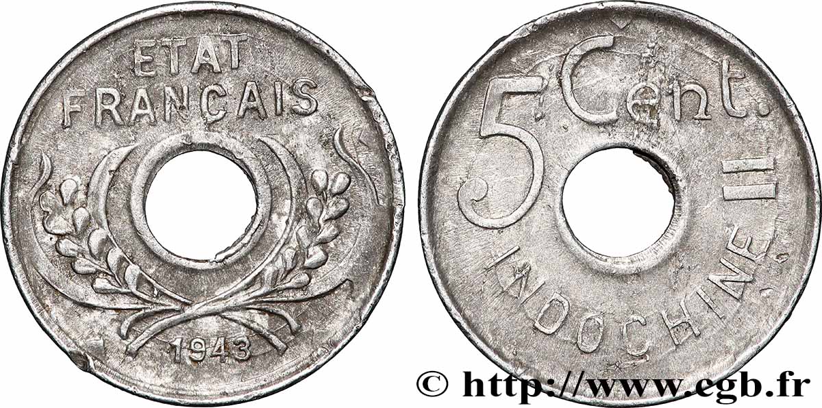 FRENCH INDOCHINA 5 Centièmes 1943 Hanoï VF