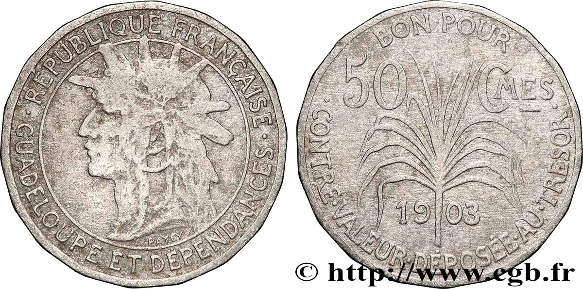GUADELOUPE Bon pour 50 Centimes 1903 VF