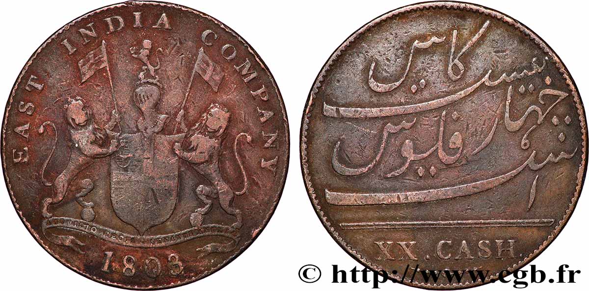 ISLE OF FRANCE (MAURITIUS) XX (20) Cash East India Company 1803 Madras VF