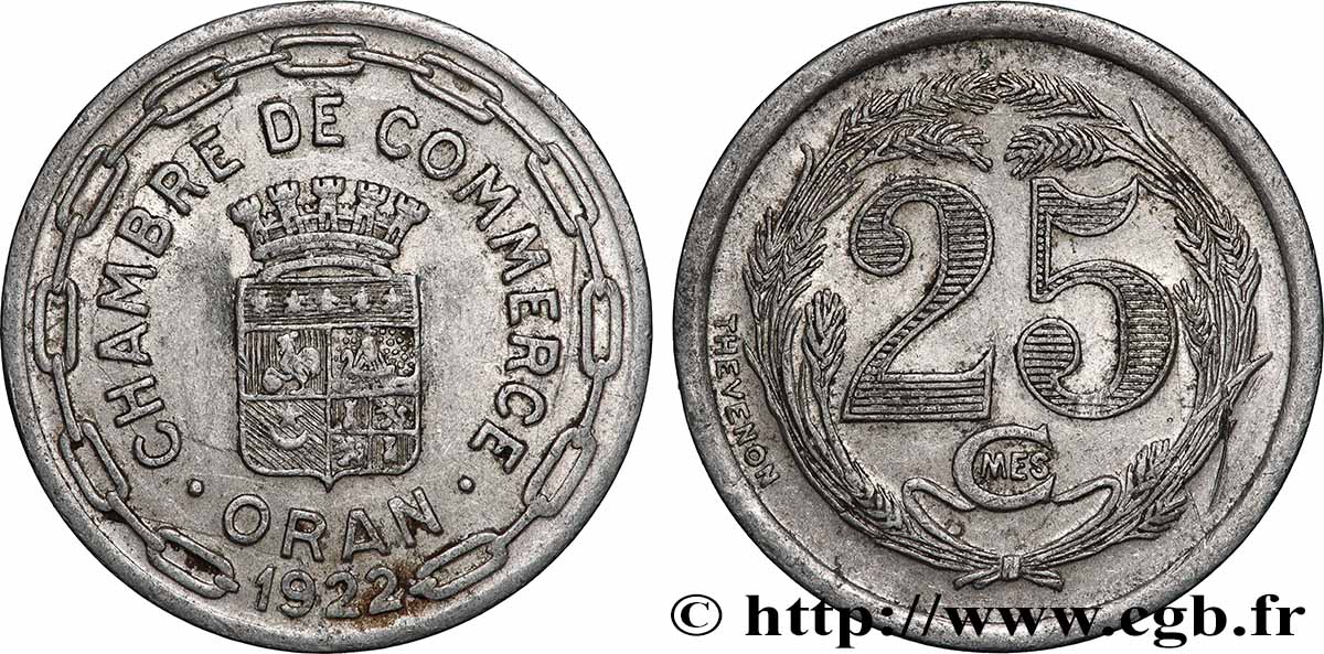 ALGÉRIE 25 Centimes Chambre de Commerce d’Oran 1922 TTB+