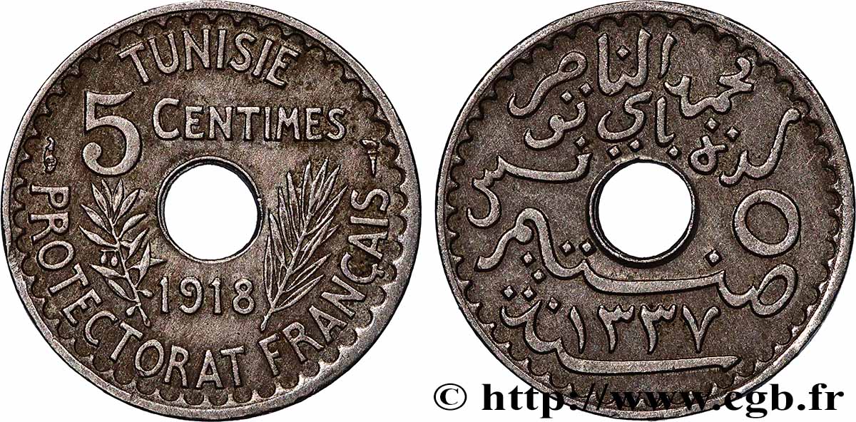 TUNISIA - Protettorato Francese 5 Centimes AH 1337 1918 Paris BB/SPL