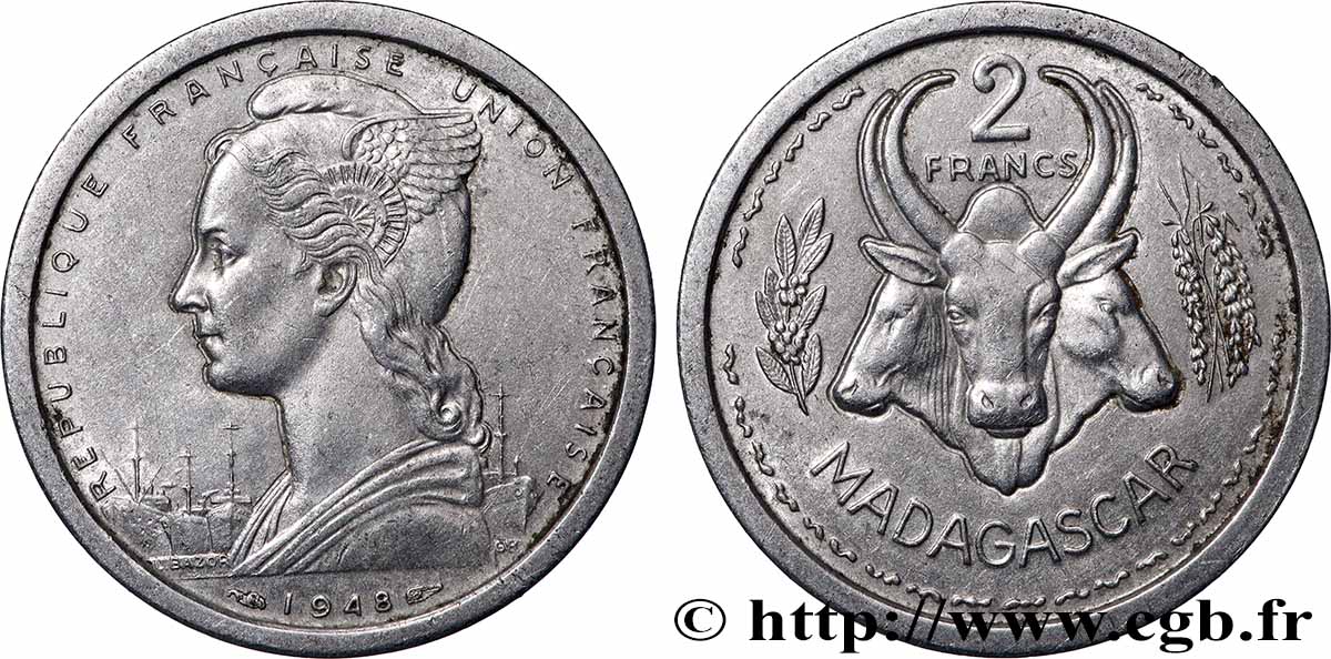 MADAGASCAR - Union française 2 Francs 1948 Paris TTB