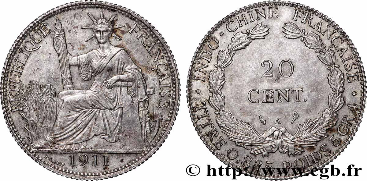 INDOCHINE FRANÇAISE 20 Centièmes 1911 Paris TTB+