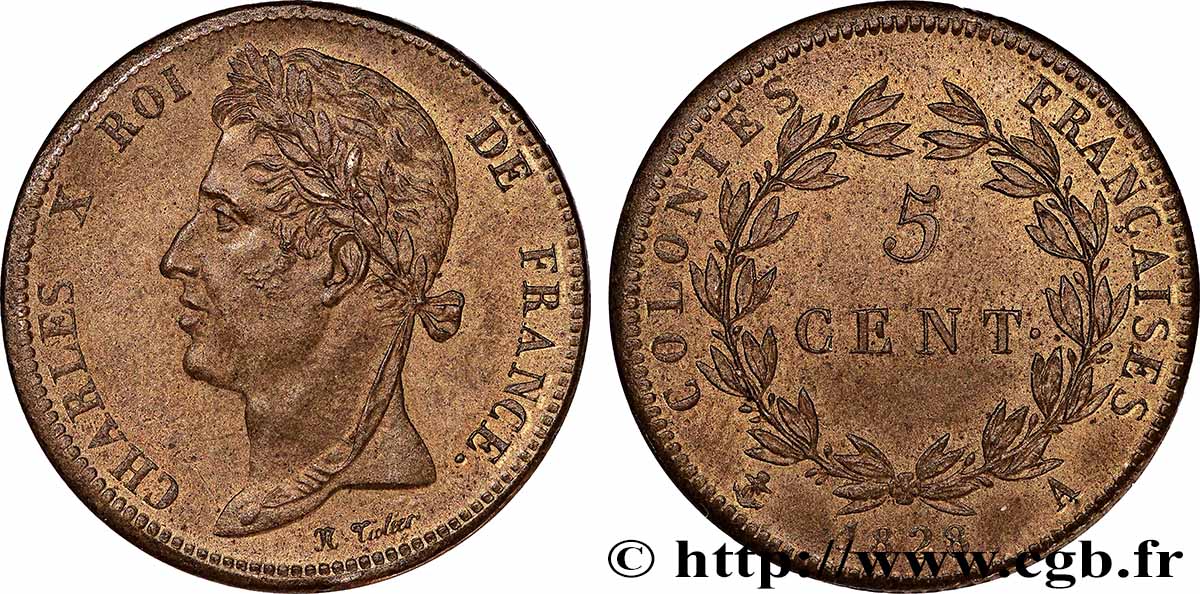 COLONIES FRANÇAISES - Charles X, pour la Guyane 5 Centimes 1828 Paris SPL
