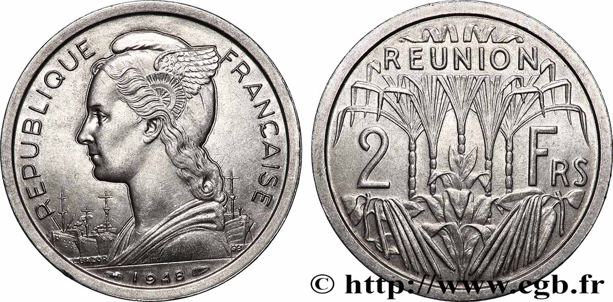 REUNION INSEL 2 Francs 1948 Paris fST