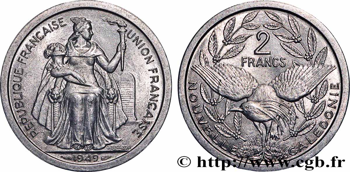 NEUKALEDONIEN 2 Francs Union Française 1949 Paris fST