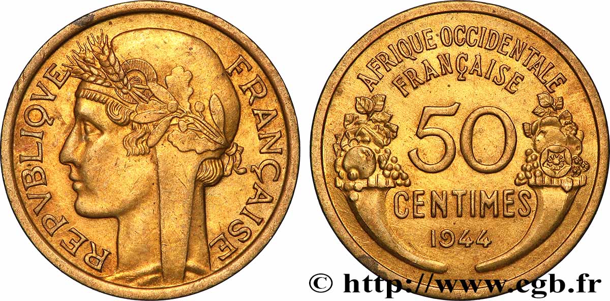 FRANZÖSISCHE WESTAFRIKA 50 Centimes Morlon 1944 Londres VZ