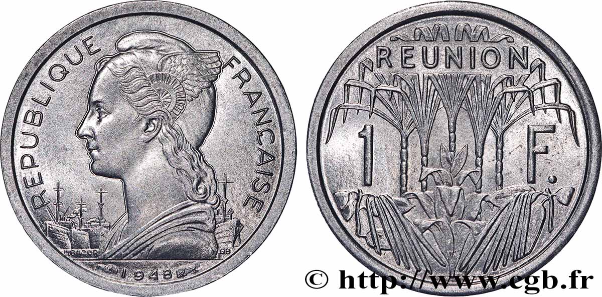 REUNION INSEL 1 Franc Marianne / canne à sucre 1948 Paris fST