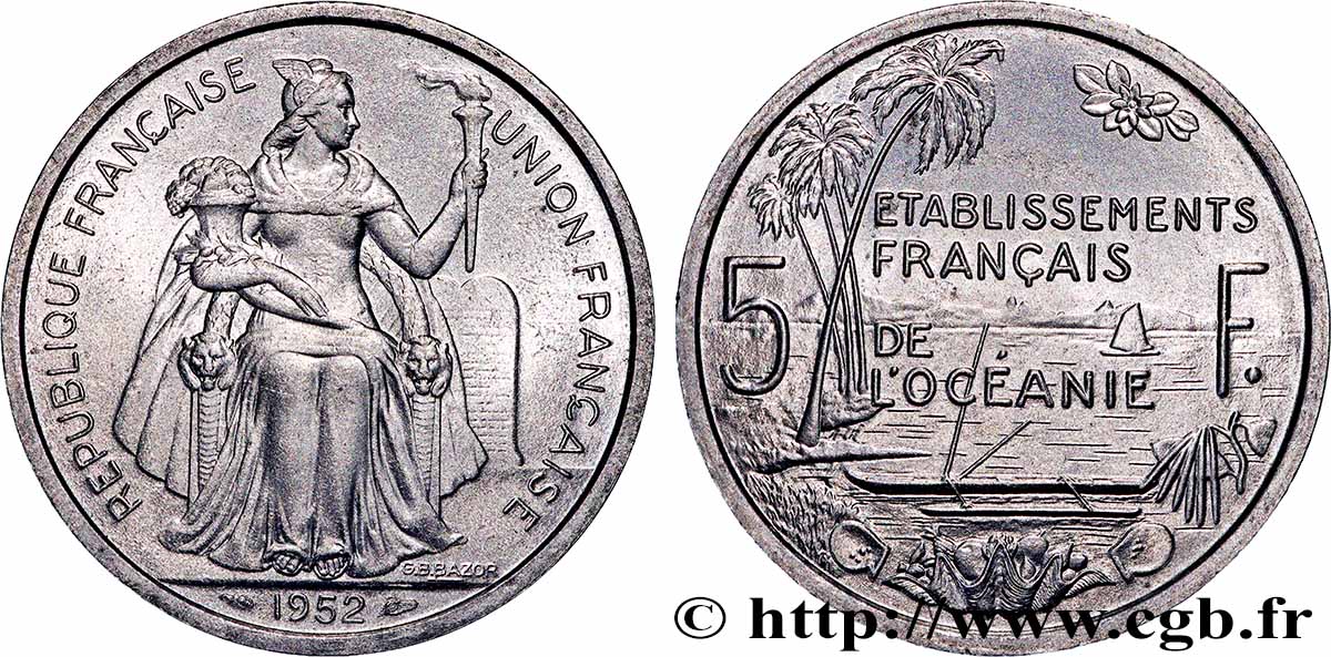 FRANZÖSISCHE POLYNESIA - Franzözische Ozeanien 5 Francs Établissements Français de l’Océanie 1952 Paris fST