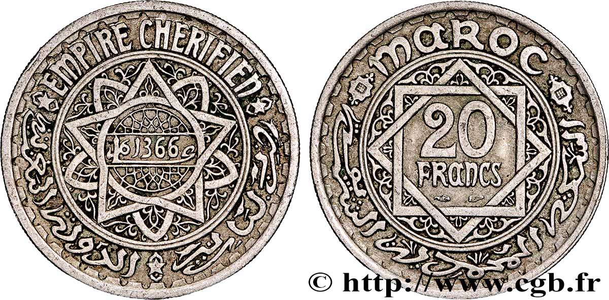 MAROC - PROTECTORAT FRANÇAIS 20 Francs AH 1366 1947 Paris TTB+