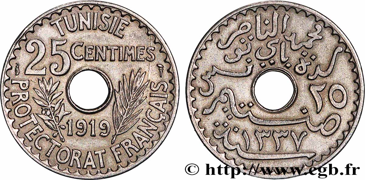 TUNISIE - PROTECTORAT FRANÇAIS 25 Centimes AH 1337 1919 Paris TTB