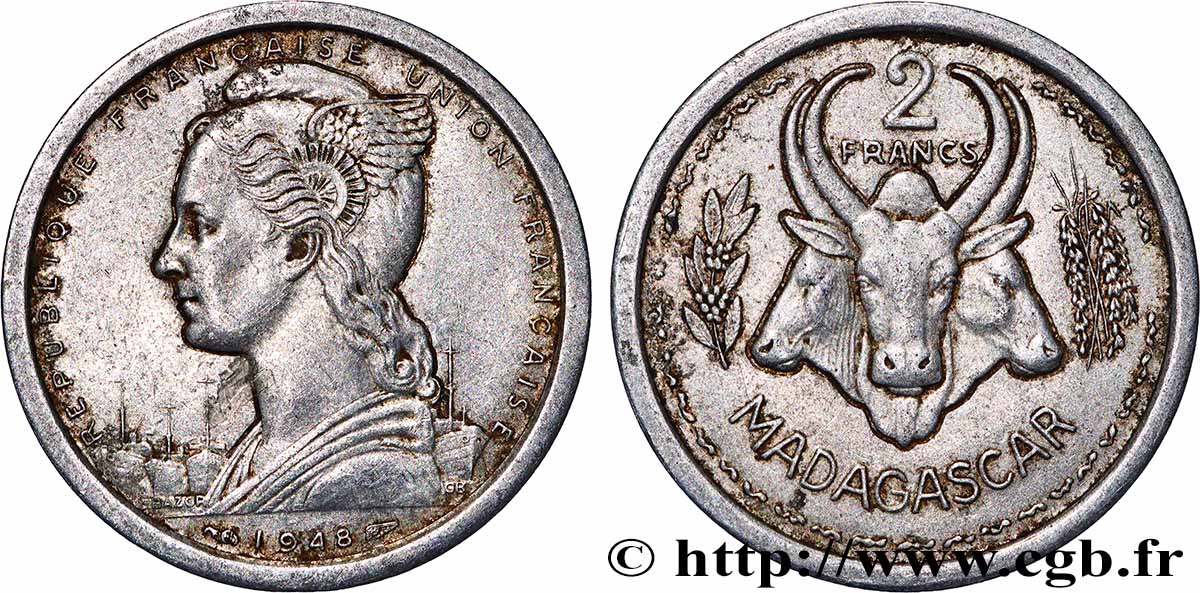 MADAGASCAR - UNIóN FRANCESA 2 Francs 1948 Paris MBC