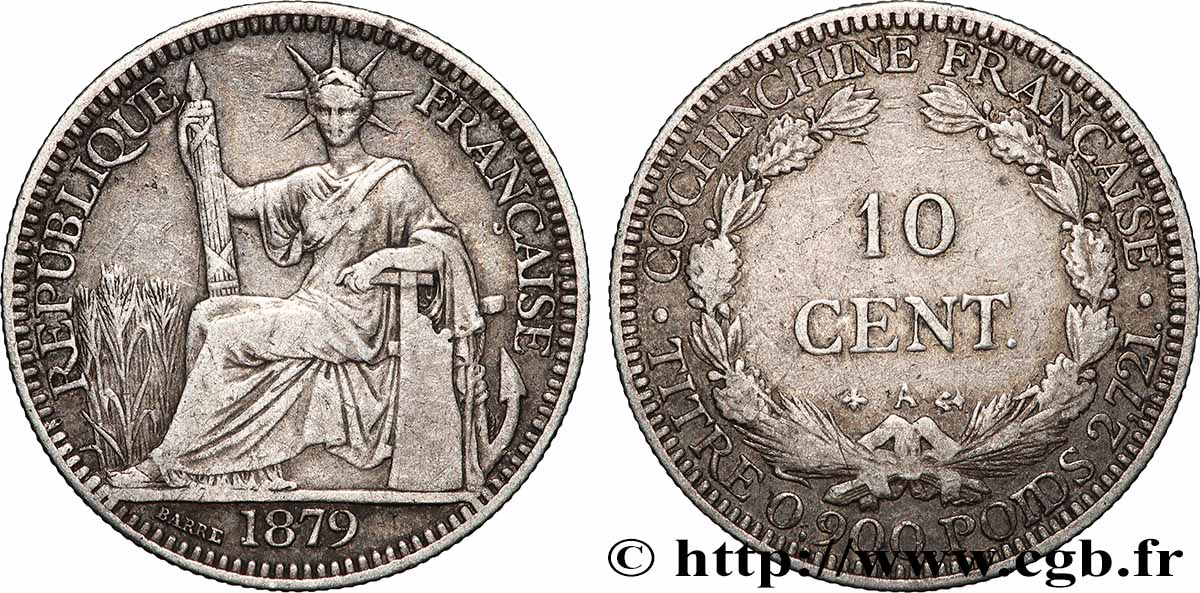 FRANZÖSISCHE COCHINCHINA 10 Centimes 1879 Paris fVZ