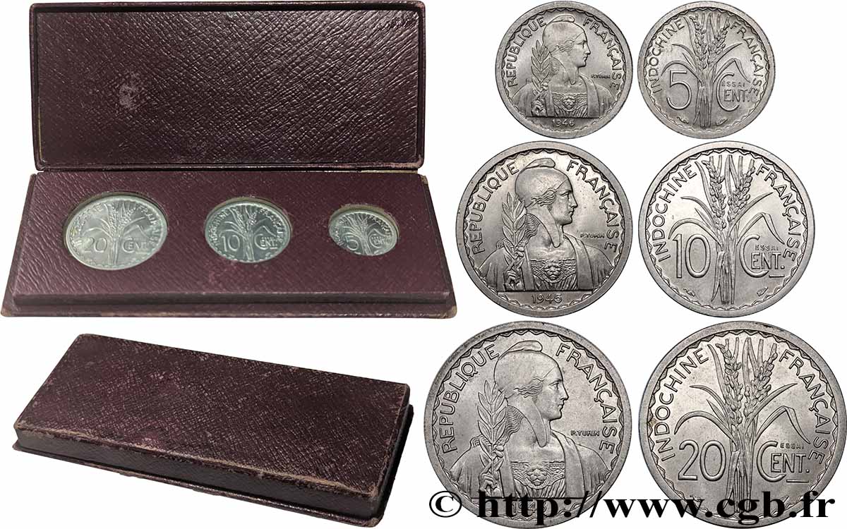 INDOCHINE FRANÇAISE Coffret Essai de 20, 10 et 5 Centièmes 1945 Paris SPL
