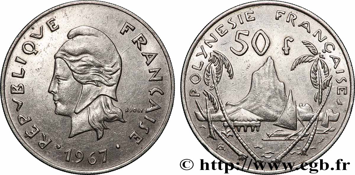 FRANZÖSISCHE-POLYNESIEN 50 Francs Marianne / paysage polynésien 1967 Paris VZ