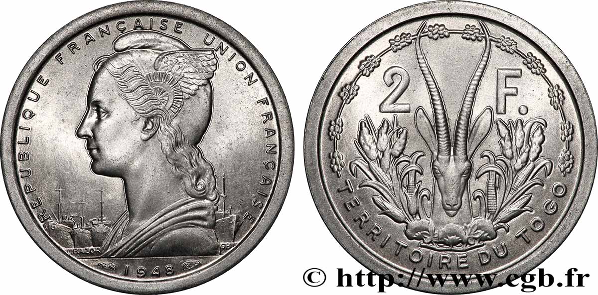 TOGO - UNION FRANCESE 2 Francs Union Française 1948 Paris SPL