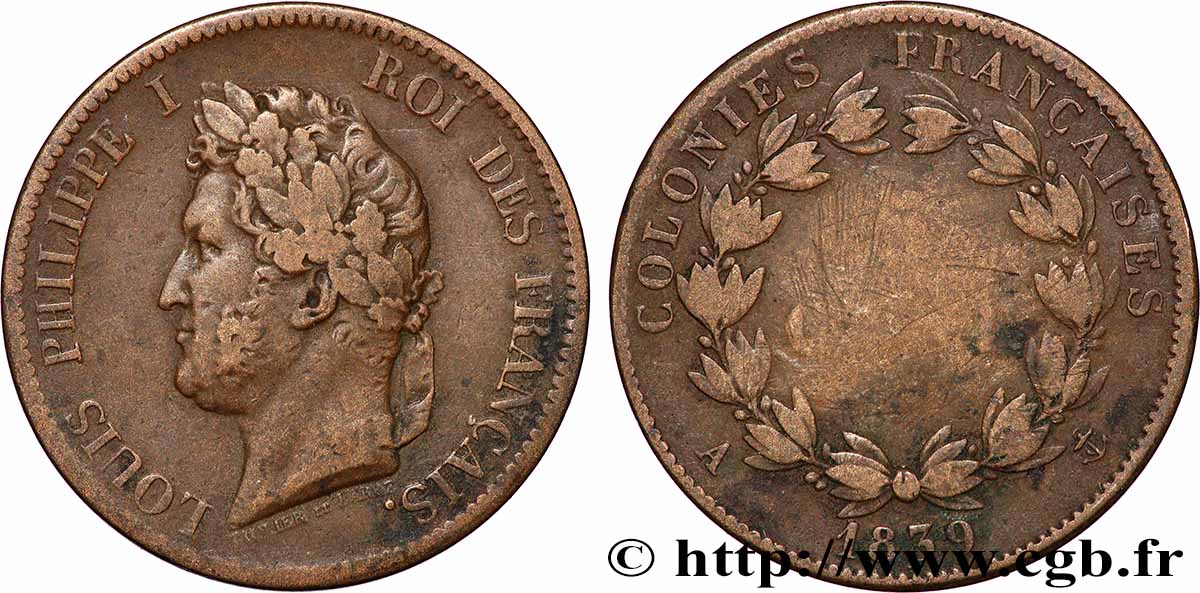 COLONIE FRANCESI - Luigi Filippo, per Guadalupa 5 Centimes Louis Philippe Ier 1839 Paris - A q.BB