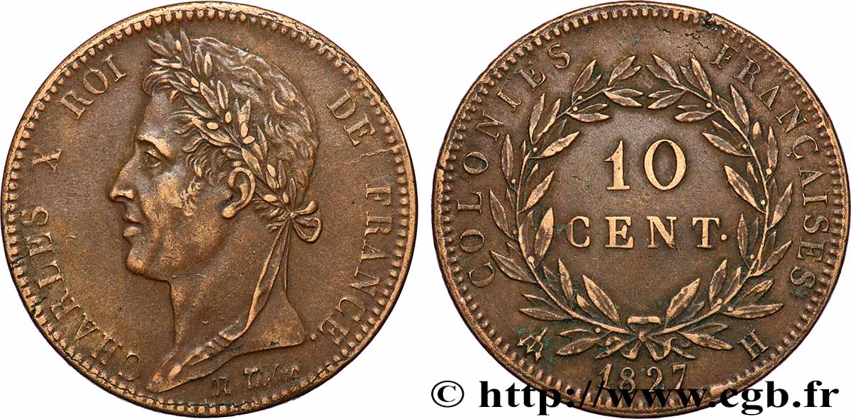 COLONIE FRANCESI - Carlo X, per Martinica e Guadalupa 10 Centimes Charles X 1827 La Rochelle - H q.SPL