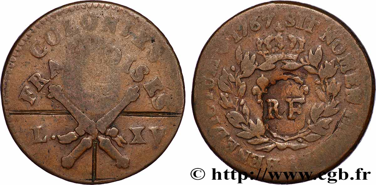 LOUIS XV THE WELL-BELOVED 3 Sous 9 Deniers ou 1/4 d’esqualin contremarqué RF 1767 Paris S
