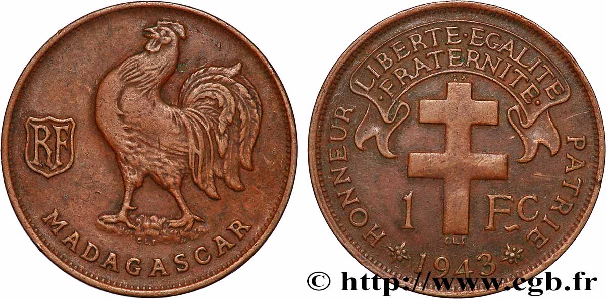 ÎLE DE MADAGASCAR - France Libre 1 Franc 1943 Prétoria TTB