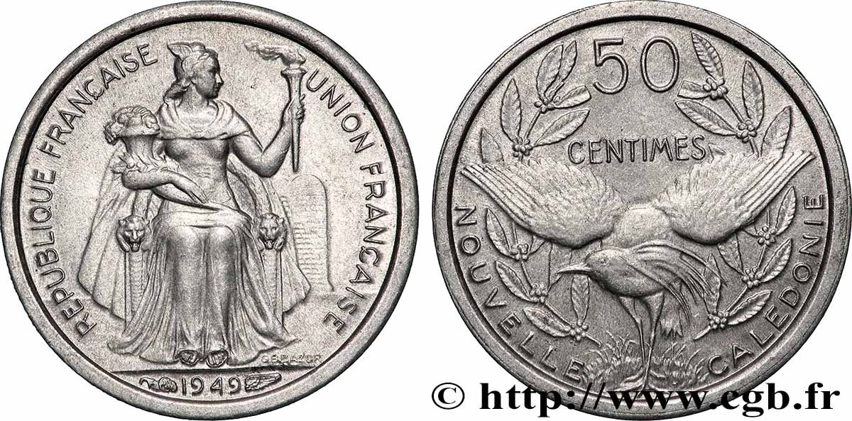 NEUKALEDONIEN 50 Centimes Union Française 1949 Paris VZ