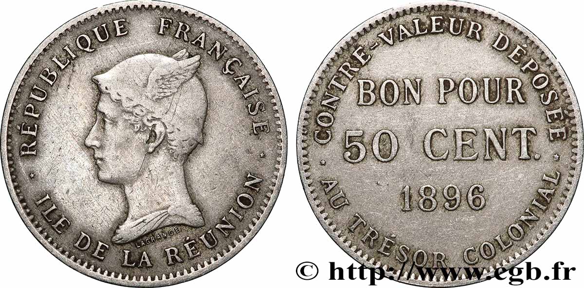 RÉUNION - III. REPUBLIK Bon pour 50 Centimes 1896 sans atelier fSS