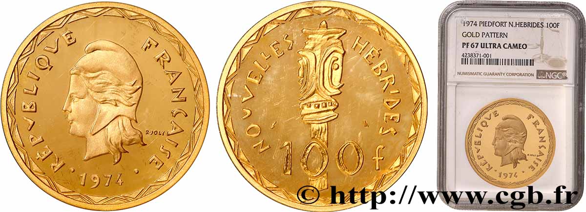 NEUE HEBRIDEN (VANUATU ab 1980) Piefort or 100 Francs 1974 Paris ST67 NGC