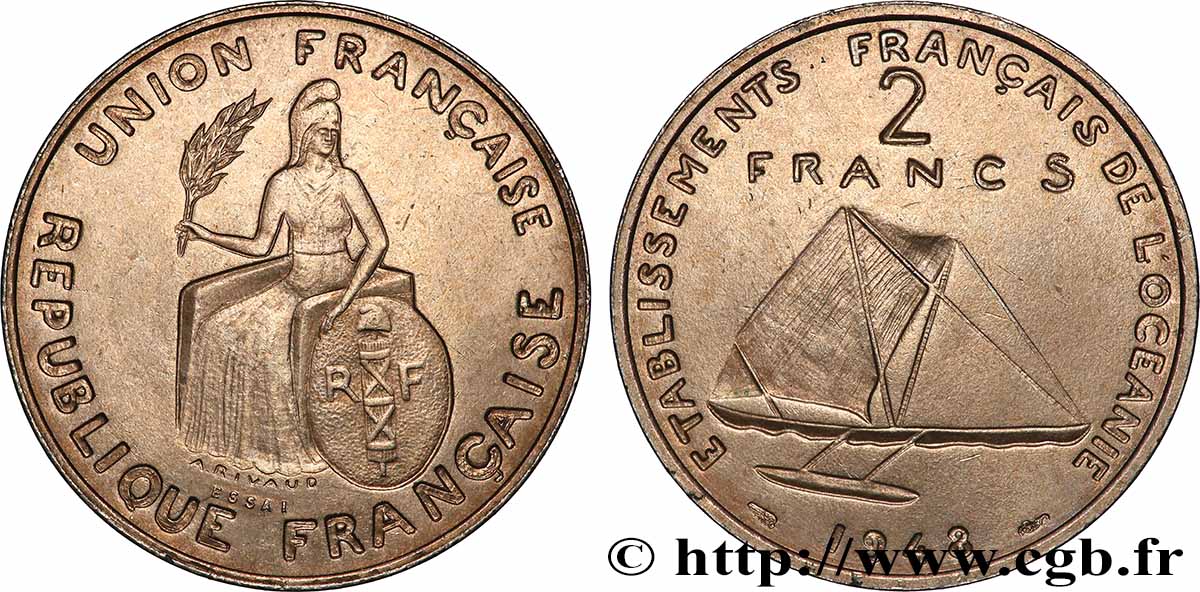 POLYNÉSIE FRANÇAISE - Océanie française Essai de 2 Francs avec listel en relief 1948 Paris SPL