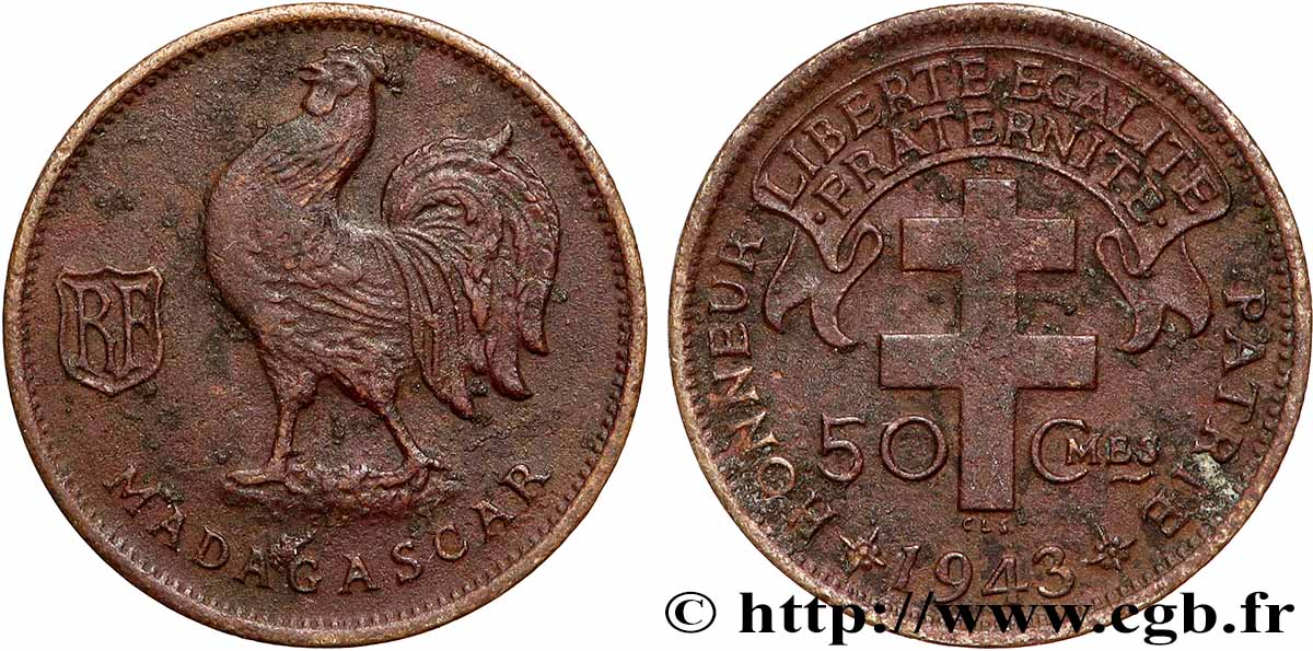 ÎLE DE MADAGASCAR - France Libre 50 Centimes 1943 Prétoria TTB