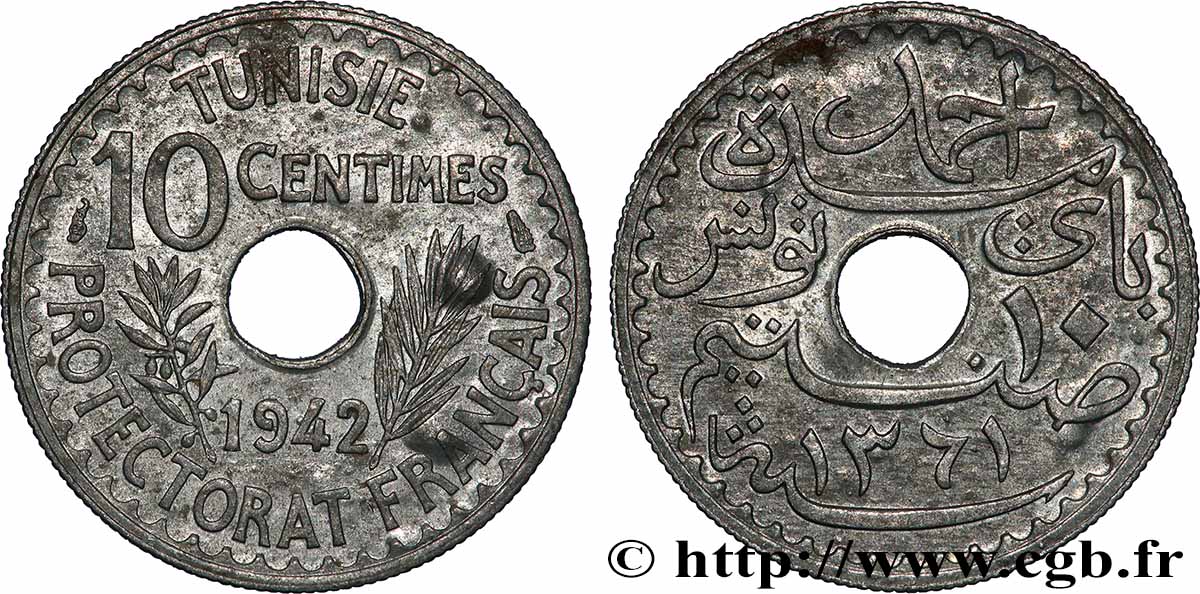TUNISIA - Protettorato Francese 10 Centimes AH 1361 1942 Paris q.SPL
