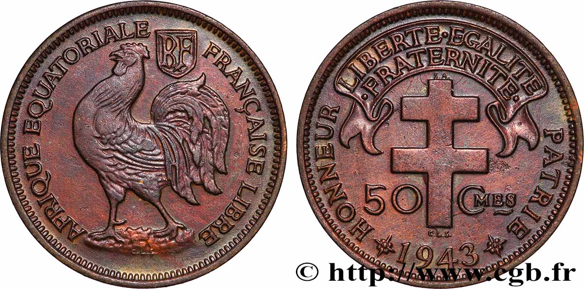 FRENCH EQUATORIAL AFRICA - FREE FRANCE 50 Centimes 1943 Prétoria AU