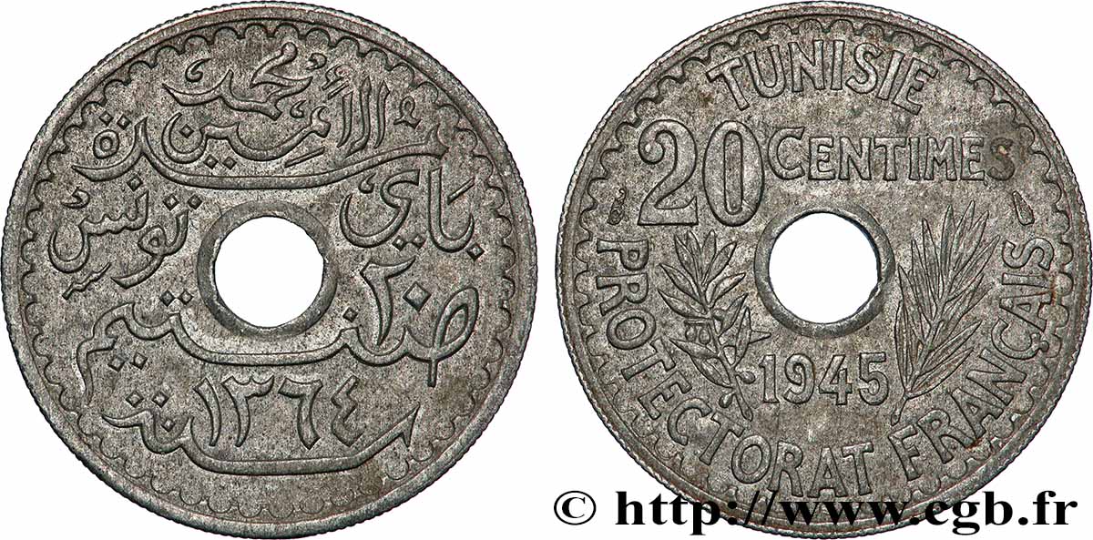 TUNISIA - FRENCH PROTECTORATE 20 Centimes ah 1264 1945 Paris AU