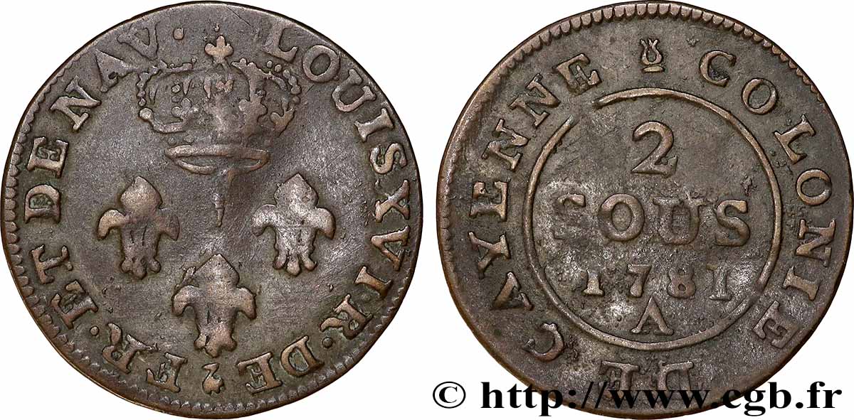GUYANA FRANCESA Faux 2 Sous colonies de Cayenne 1e type 1781 Paris - A BC+
