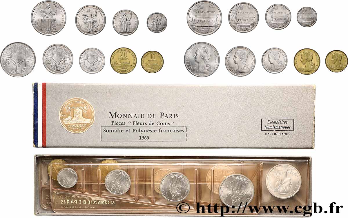 FRANZÖSISCHE-POLYNESIEN Série Fleurs de Coins de 9 monnaies 1965 Paris ST
