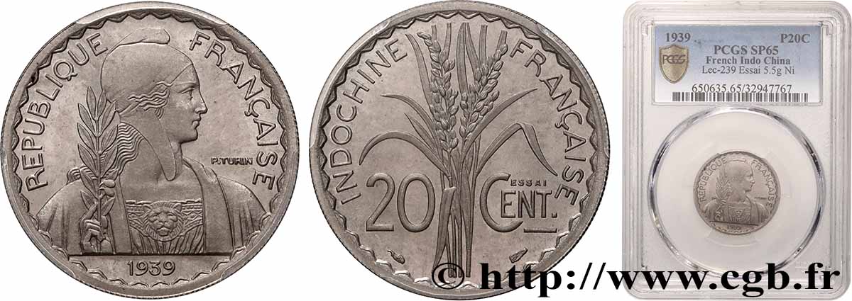 INDOCINA FRANCESE Pré-série avec le mot Essai de 20 Centièmes 1939 Paris FDC65 PCGS