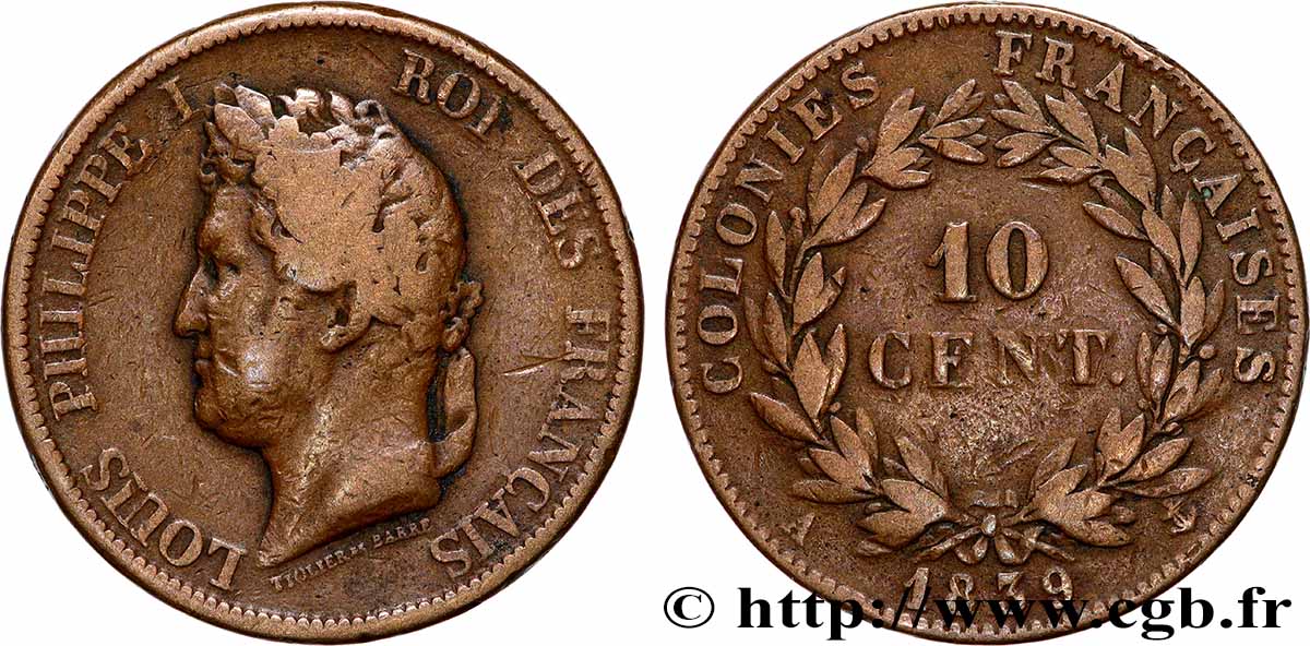 FRANZÖSISCHE KOLONIEN - Louis-Philippe, für Guadeloupe 10 Centimes Louis-Philippe 1839 Paris S